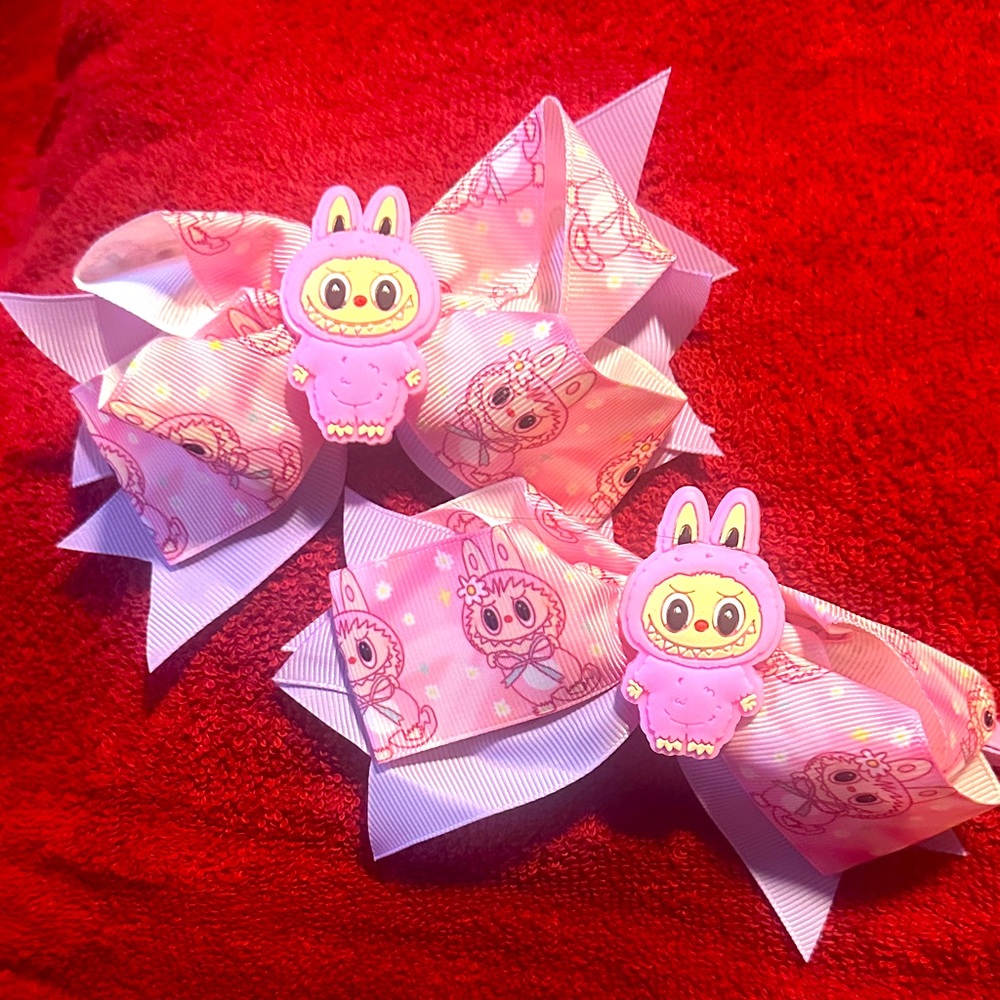 Cute Pink and White Hair Bows with Labubu Design pair